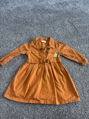 Little Lass Rust Orange Button-Front Long-Sleeve Dress with Floral Accent